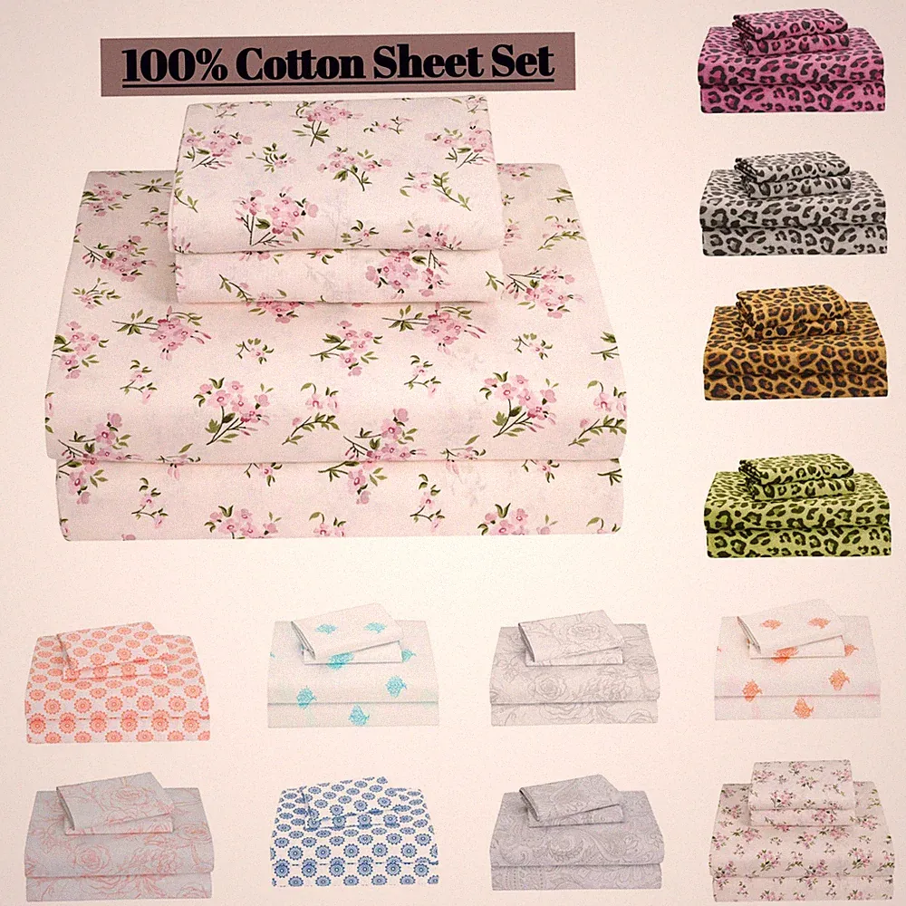 4-Piece Bed Sheet Set 100% Cotton Flat Fitted Sheets queen sheet set deep pocket
