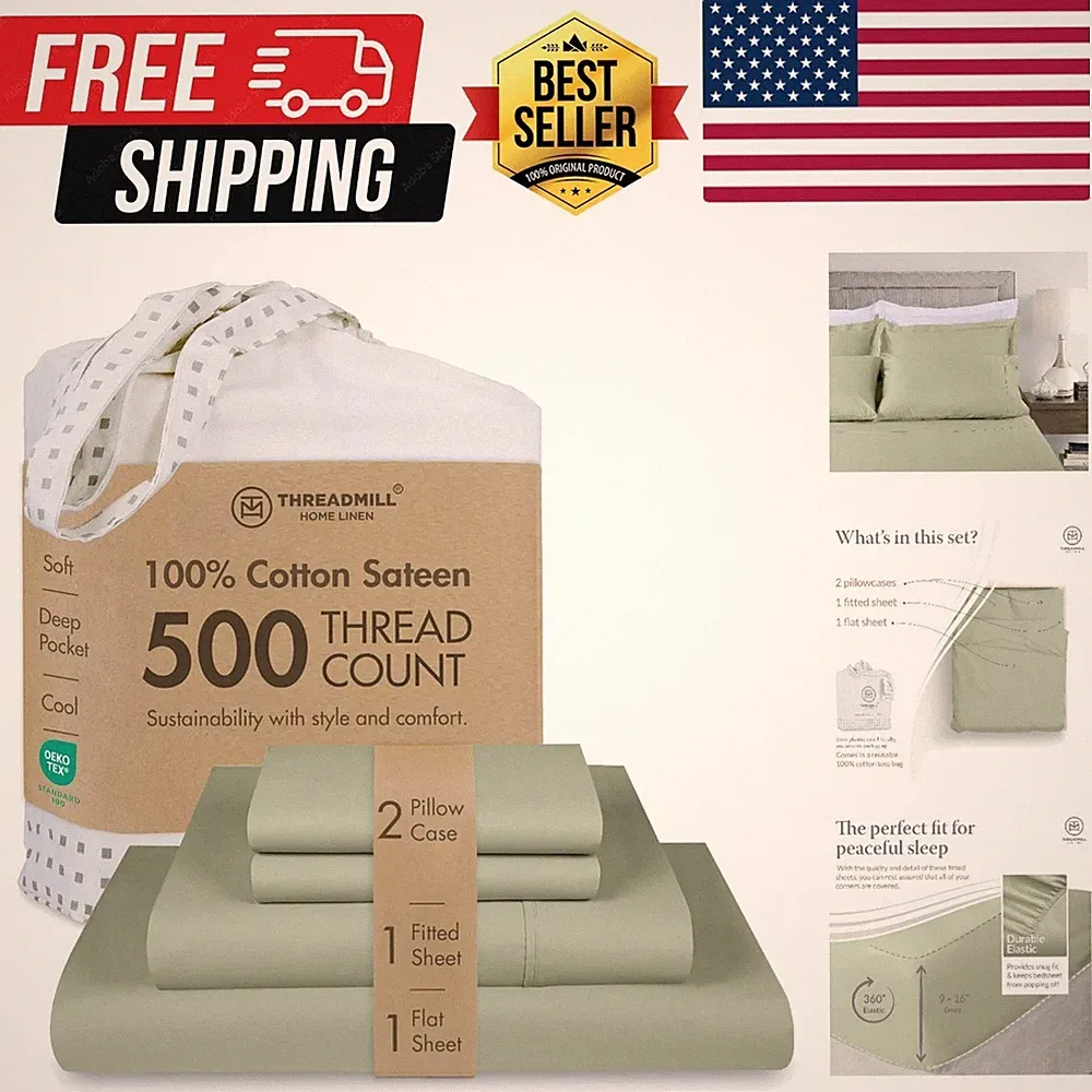 5-Star Hotel 500 Thread Count Best Bed Sheets, 100% Cotton Sheets Set for Que...