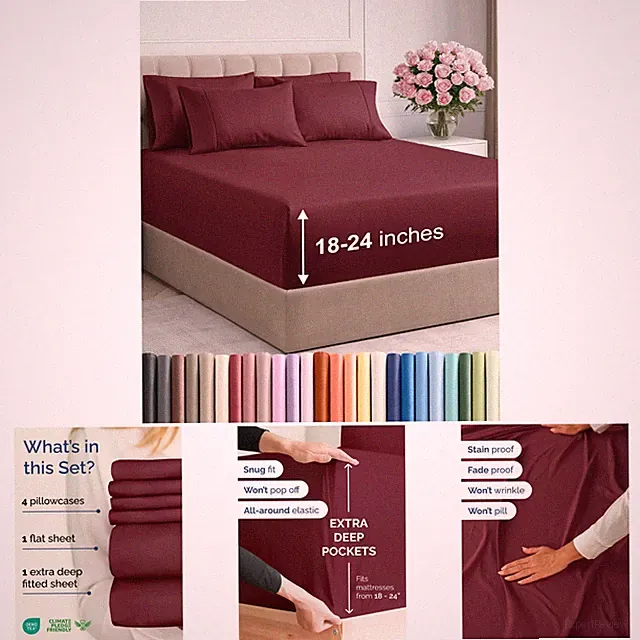6 Piece Extra Deep King Sheet Set Breathable Cooling Burgundy Luxury Bedding