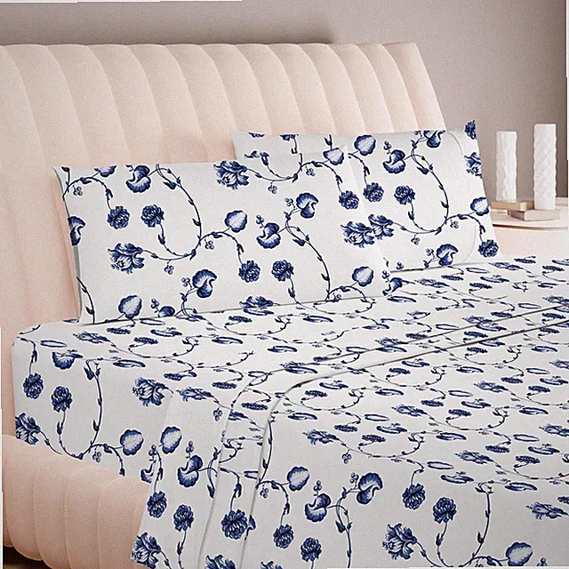 600 TC Egyptian Cotton Sheets Full Size - 4PC Luxury Sateen Set Floral Blue
