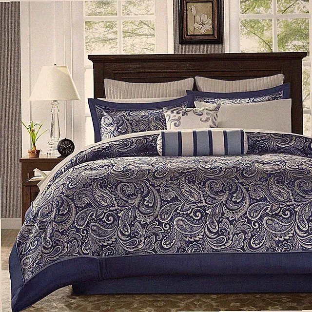 Aubrey 12-Piece Cozy Comforter Set, Navy Faux Silk Paisley, All Season Bedding