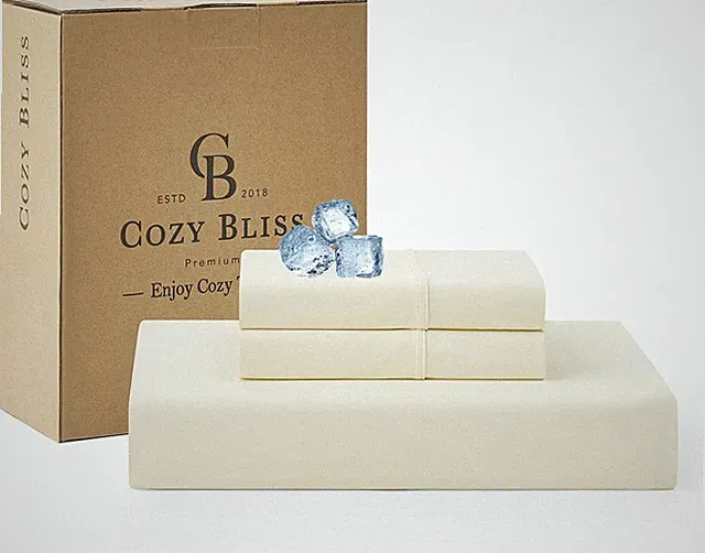 Cooling Queen Fitted Sheet Set with 2 Pillowcases, Deep Pocket, Cream White