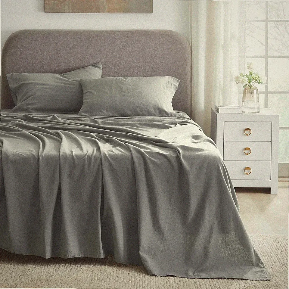 Cotton Linen Blend Solid Deep Pocket Breathable Lightweight Bed Sheet Set