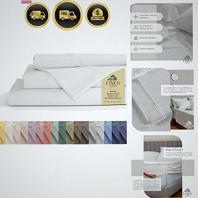 Cotton Percale Sheets Queen Size Bed Linen White Deep Pocket 4 Pieces