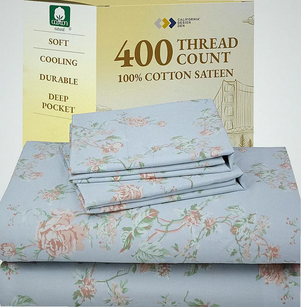 Floral Pattern King Size Sheets Set - 400 Thread Count, Natural 100% Cotton, Sof