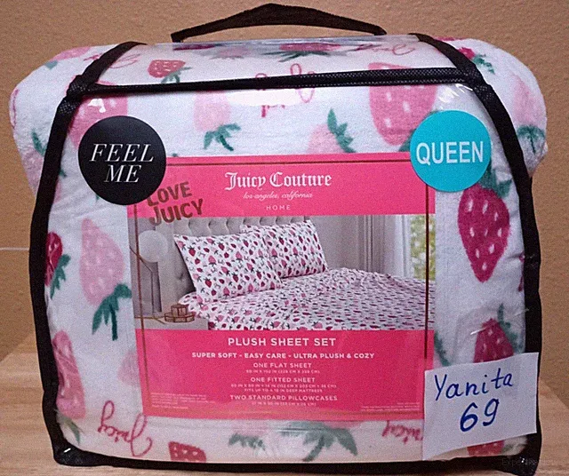 Juicy Couture Queen 4pc Soft Plush Sheet Set White w/ Strawberries &Logos Print