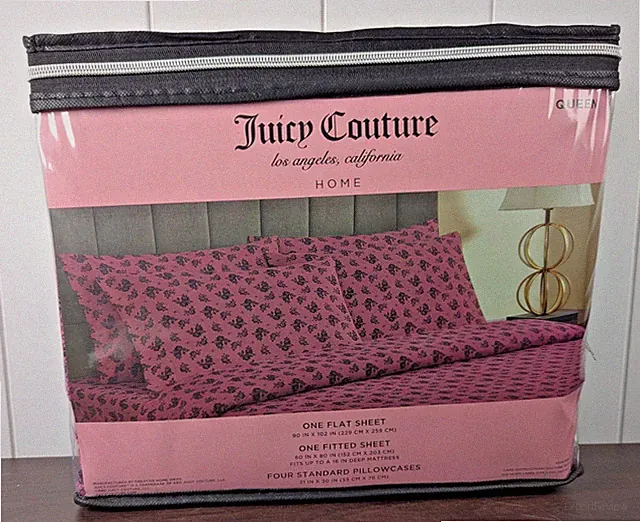 Juicy Couture Queen Size 6 pc Black Rose Fishnet Pink Bedding Sheet Set