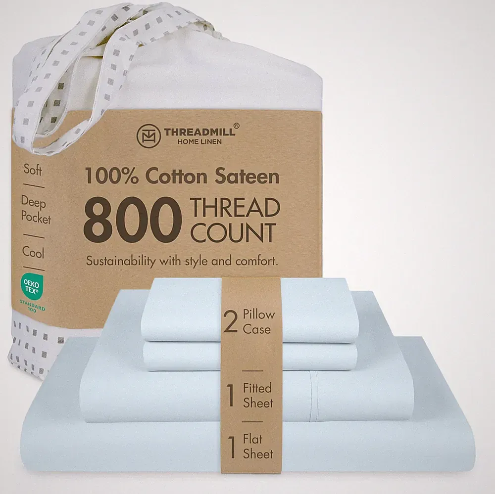 Luxury 800 Thread Count Full Size 100% Cotton Sheets - Light Blue Sateen Weav...
