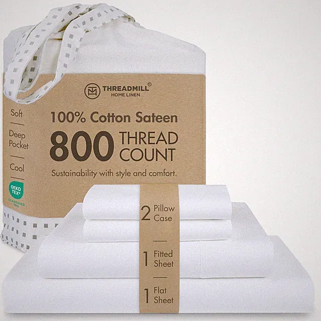 Luxury 800 Thread Count King 100% Cotton Sheets - Hotel White Sateen Weave Be...