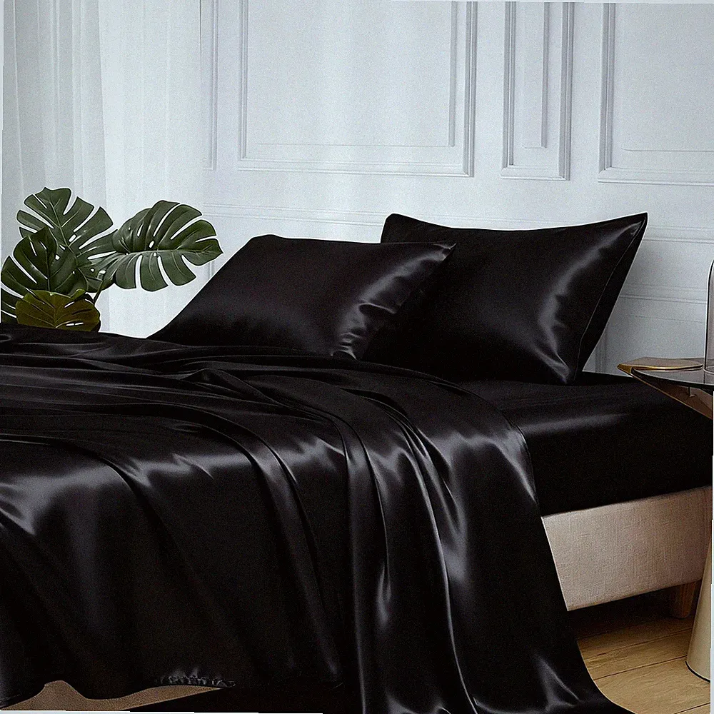 MR&HM Satin Bed Sheets, Queen Size Sheets Set, 4 Pcs Silky Bedding Set with Elas