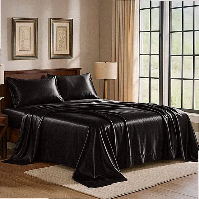 ** NEW Luxury Satin Bed Sheets | 1800 Thread Count | King | Black | 4-Pcs Set