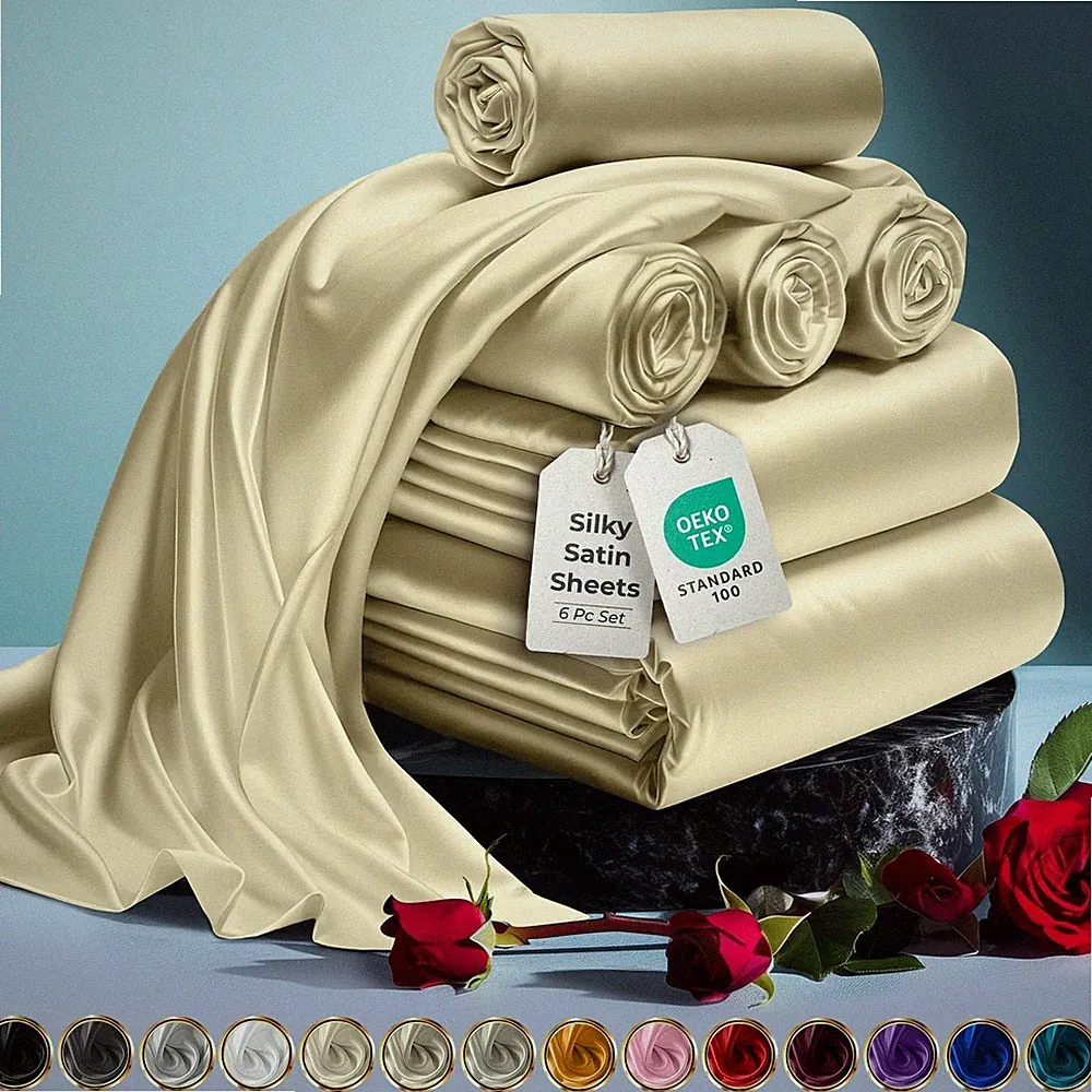 Satin Bed Sheets - 6 Piece Luxury Silky King Size Bedding Set - Softer Than S...