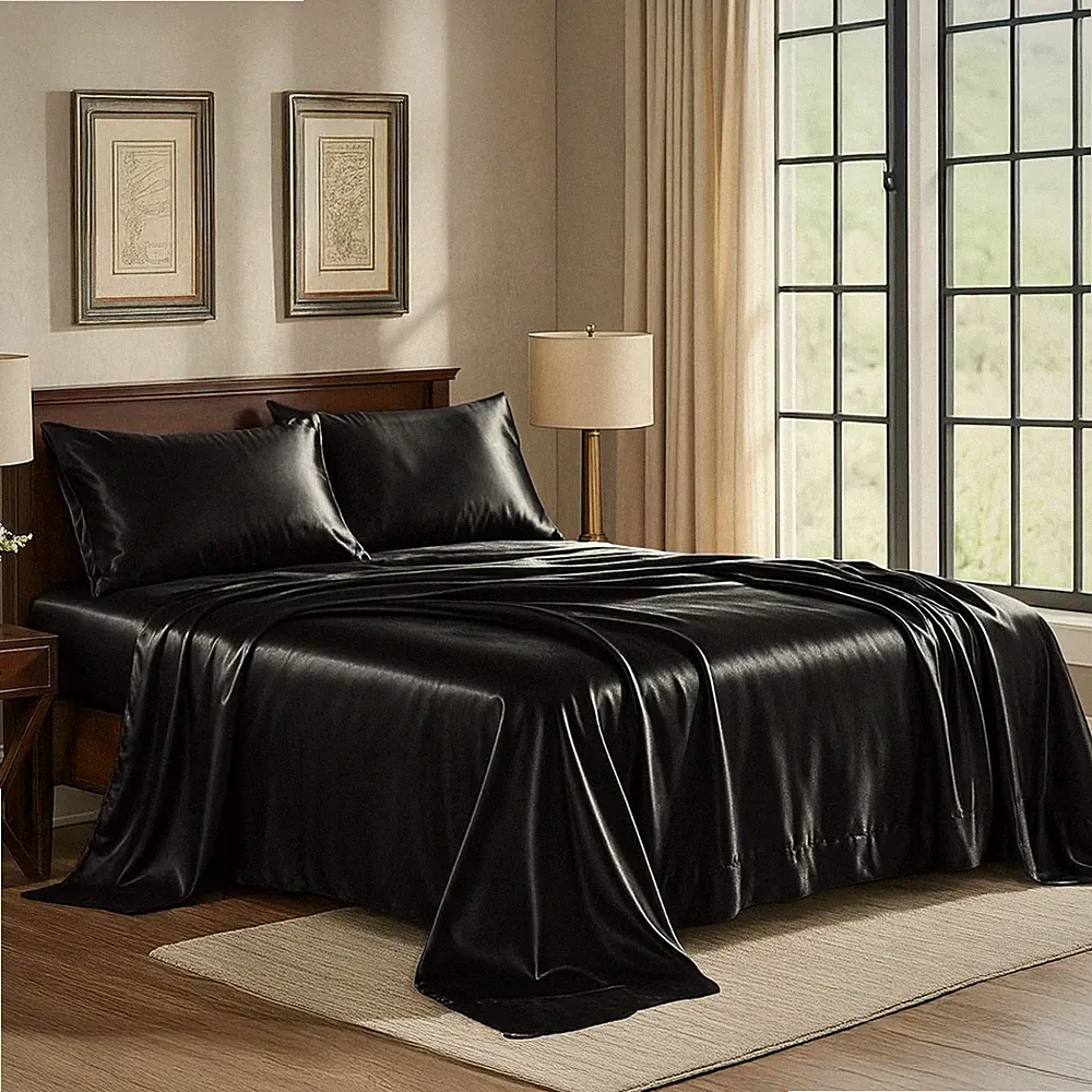 Satin Sheets Queen [4-Piece, Black] Hotel Luxury Silky Bed Sheets - Extra Soft 1