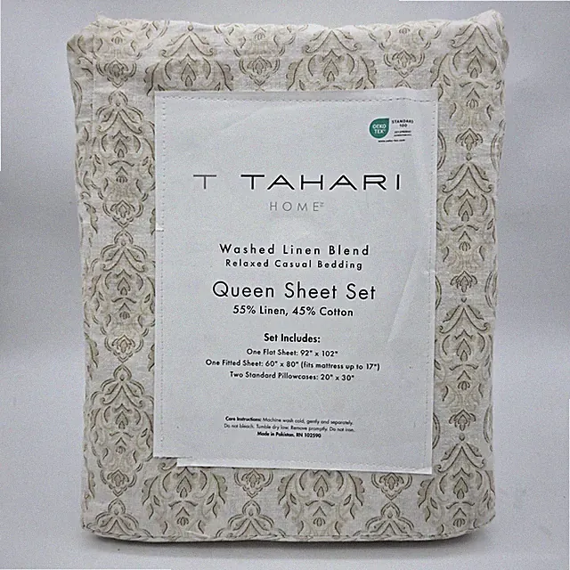 Tahari Home Queen Washed Linen Blend Casual Sheet Set Of Beige Floral Sheet
